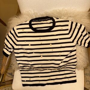 Striped Black and White Sweater with Pearl Accents